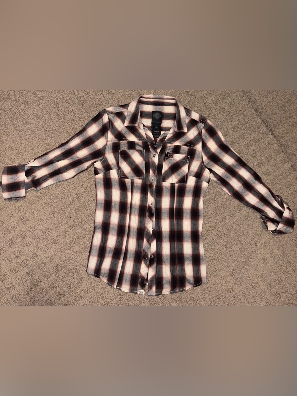 Harley-Davidson Women’s Size XS, Plaid Button-Down Shirt - Black & Cream
